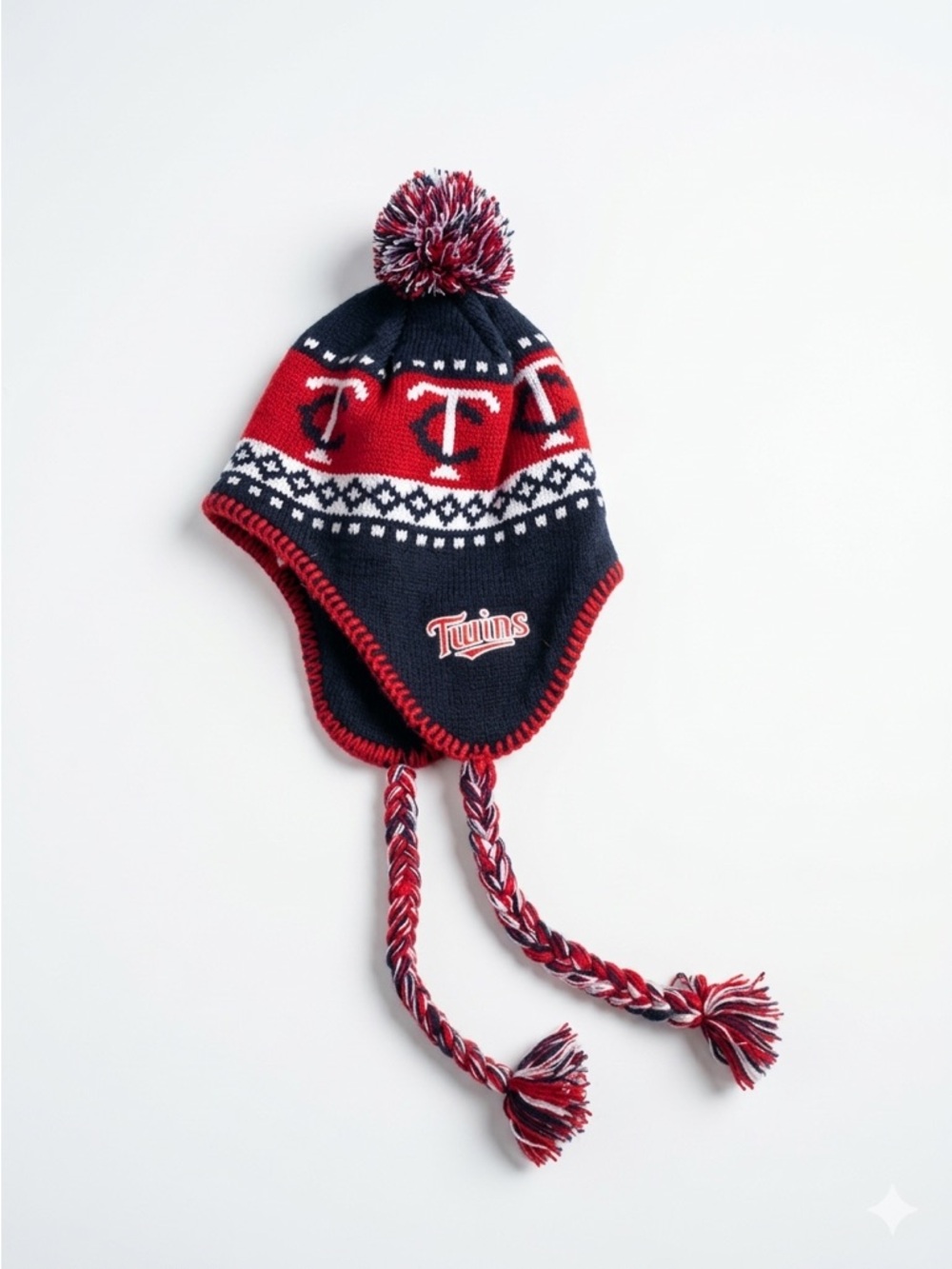 Minnesota Twins '47 Brand MLB Knit Trapper Hat Ear Flaps Pom Beanie Navy Red EUC